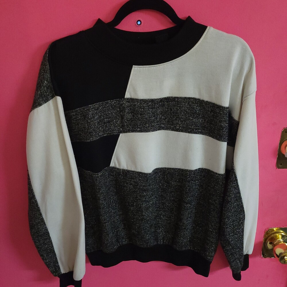 Nucleus Vintage Color Block Crewneck Sweatshirt Long Sleeve Black White Gray